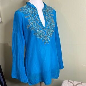 Hale Bob Cabana cotton silk Embroidered Sequin tunic cover-up blouse Size Small